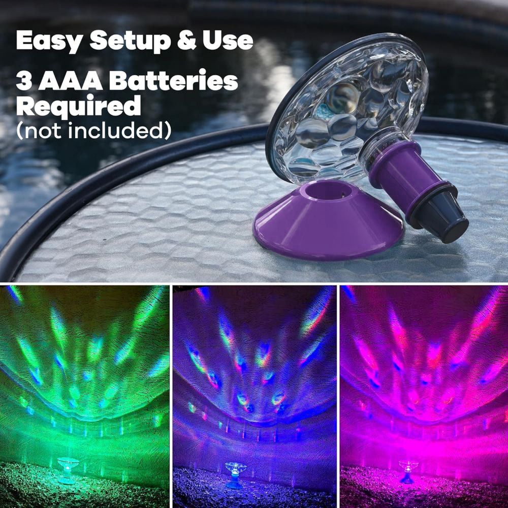 HydroGLO Underwater Light Show with easy setup, 3 AAA batteries required, showcasing vibrant light sequences on water surface.