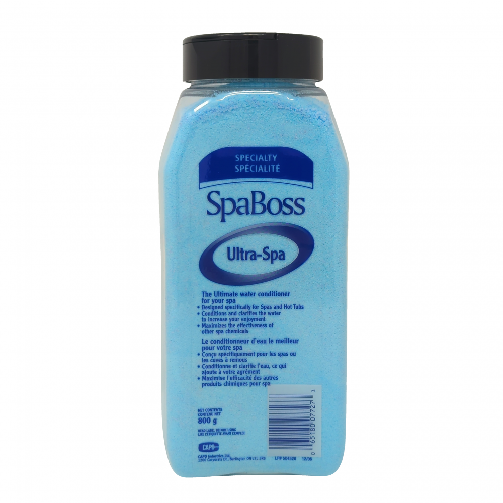 SpaBoss Ultra-Spa Conditioner bottle for improving spa water, enhancing sanitizer performance and metal protection.