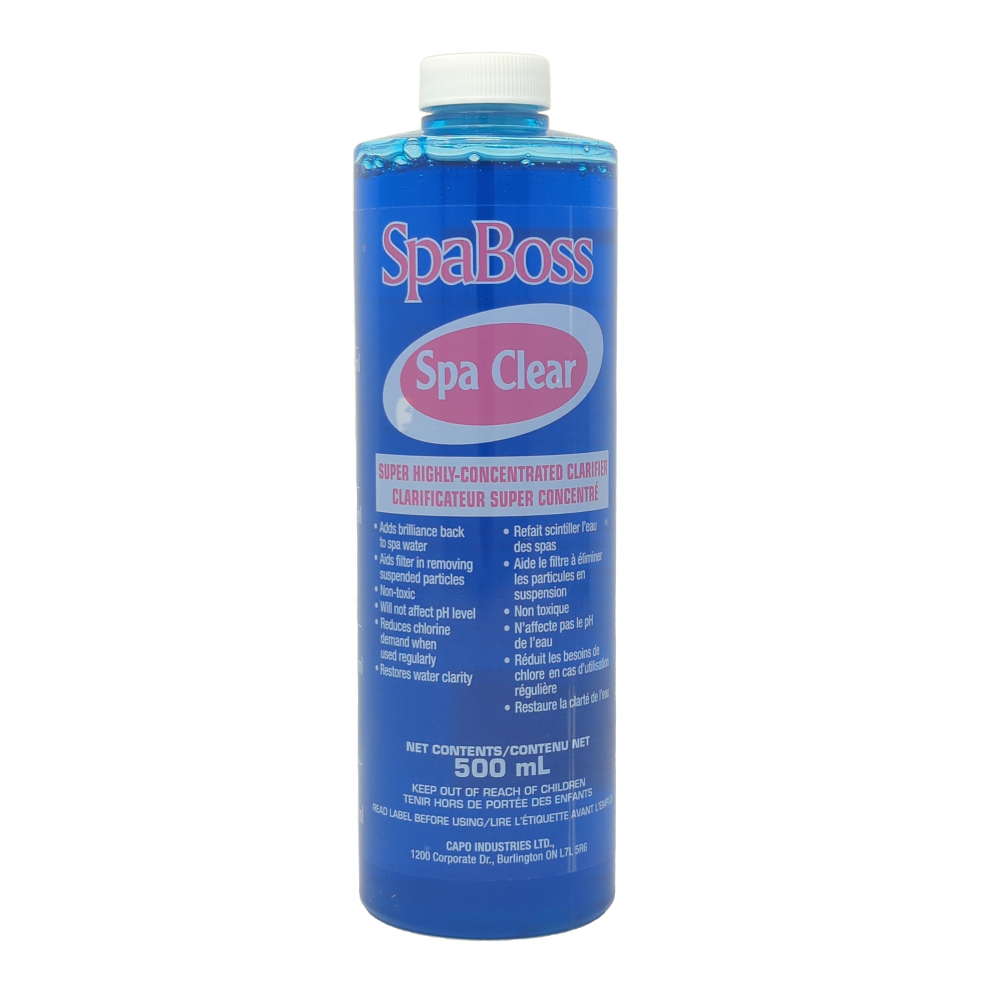 SpaBoss Spa Clear 500ml, non-toxic clarifier for sparkling water and lower chlorine demand in spas.