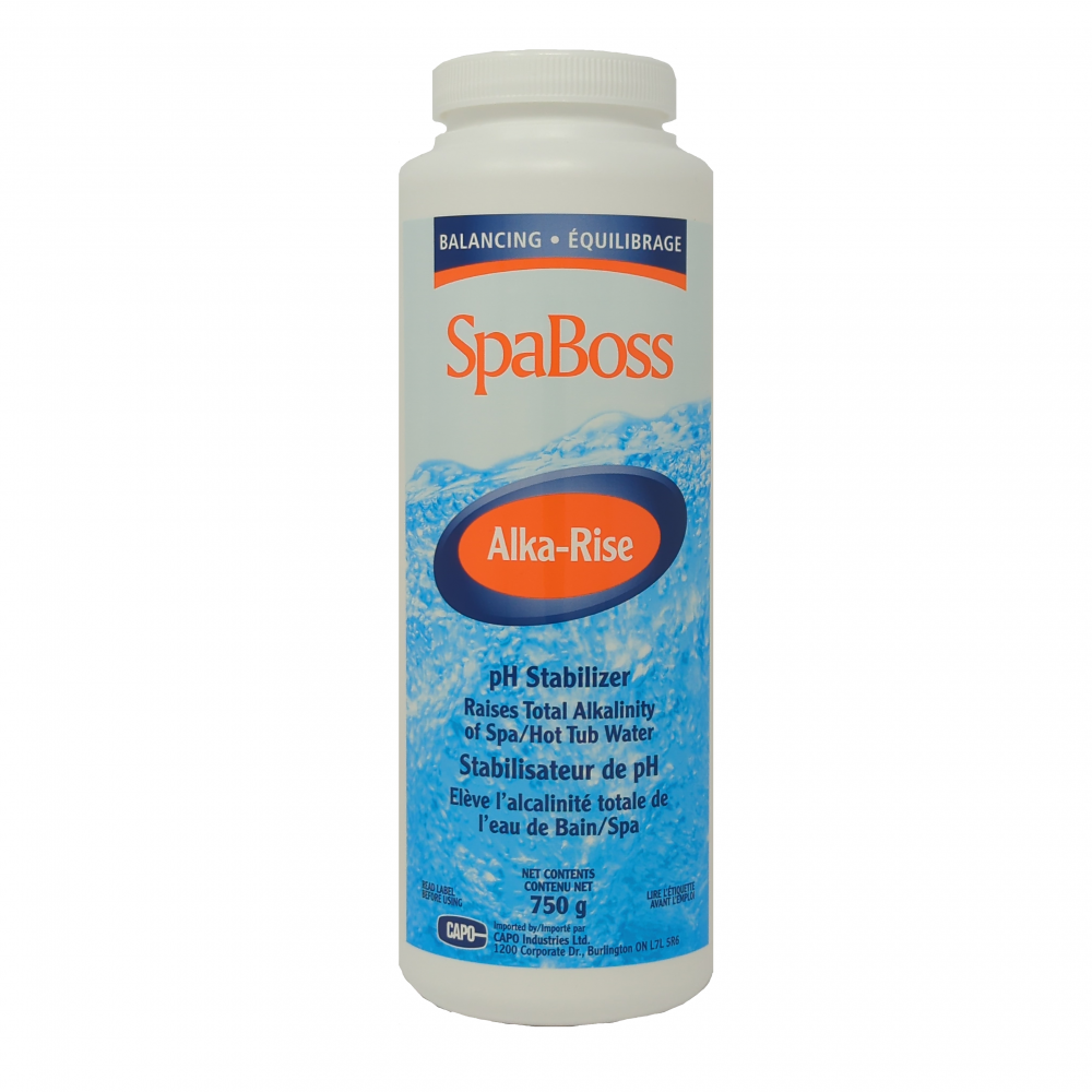 SpaBoss Alka-Rise product bottle, pH stabilizer for spa and hot tub water, raises total alkalinity.