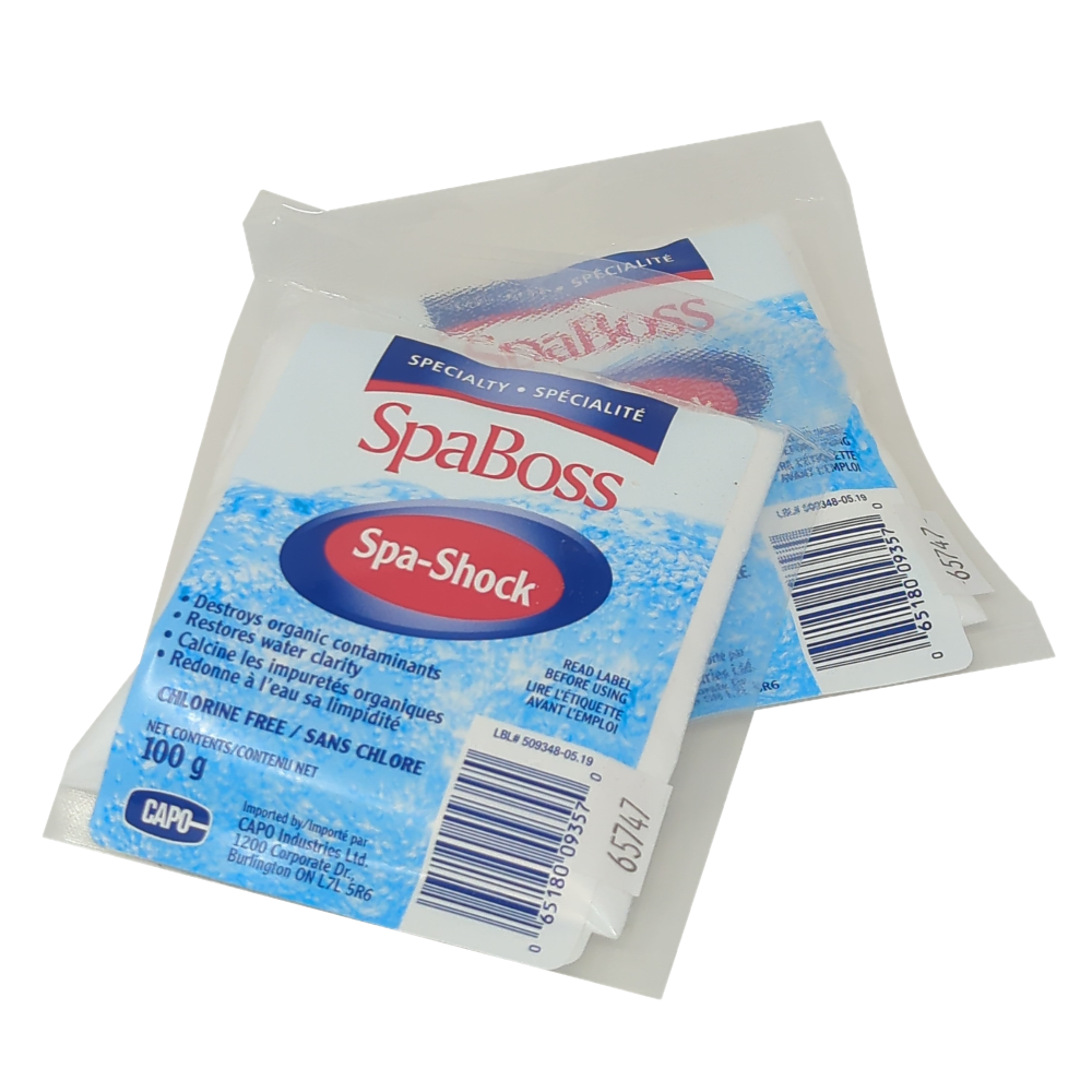 SpaBoss Spa Shock packets for hot tub maintenance, removes contaminants and restores water clarity.