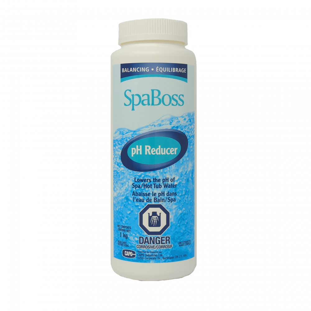 SpaBoss pH Reducer bottle for lowering spa and hot tub water pH, essential for balanced water maintenance.