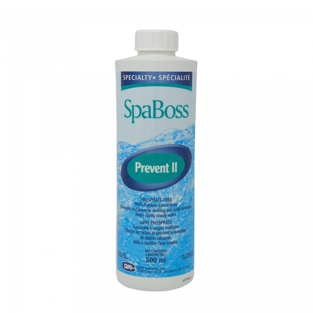 SpaBoss Prevent II bottle, a multi-purpose spa treatment for eliminating stains and scaling, 500 ml.