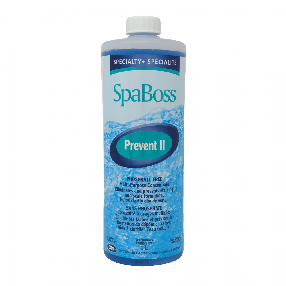 SpaBoss Prevent II multi-purpose concentrate, eliminates stains, prevents scale, clarifies cloudy spa water.