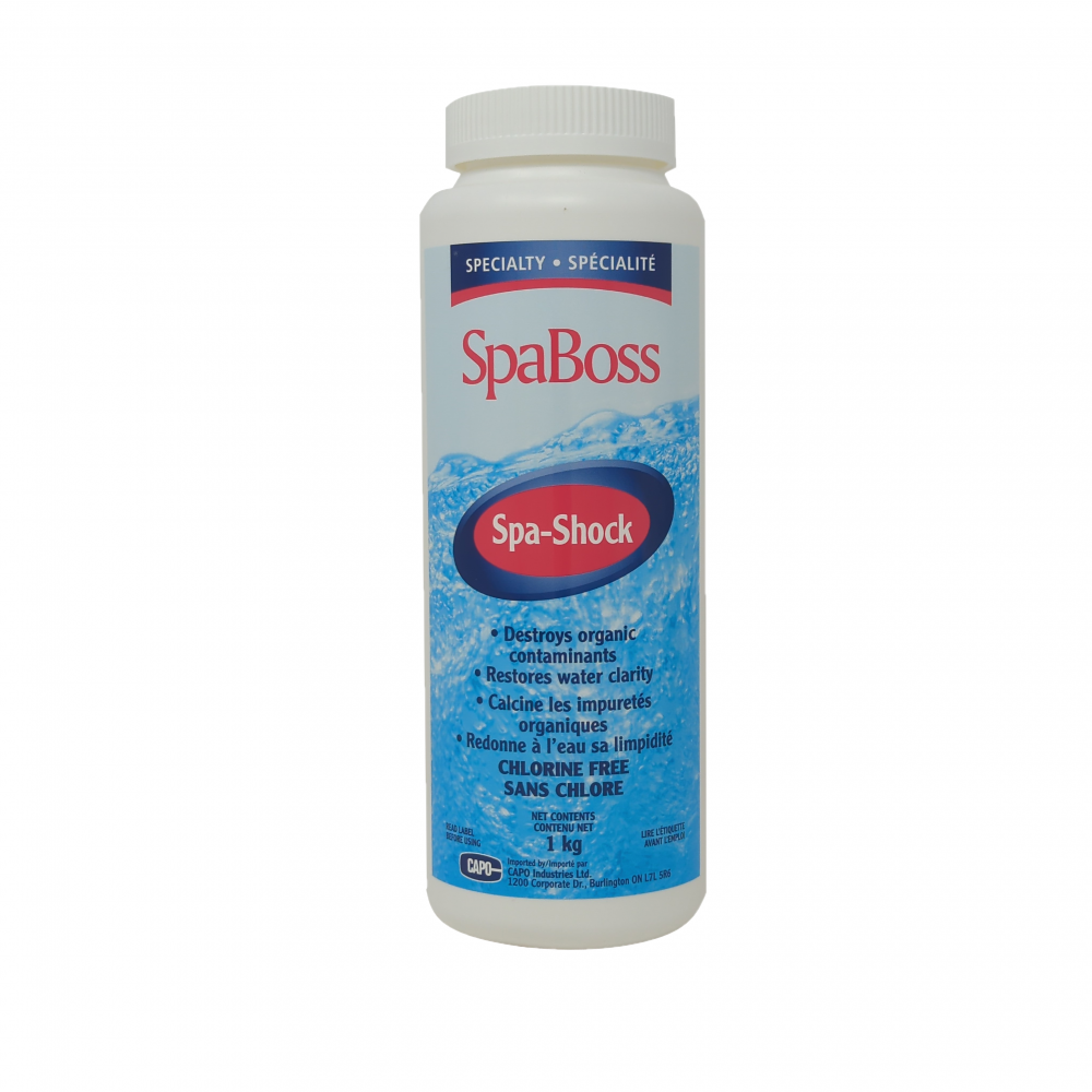 SpaBoss Spa Shock bottle for hot tubs, removes contaminants and restores water clarity, chlorine-free solution.