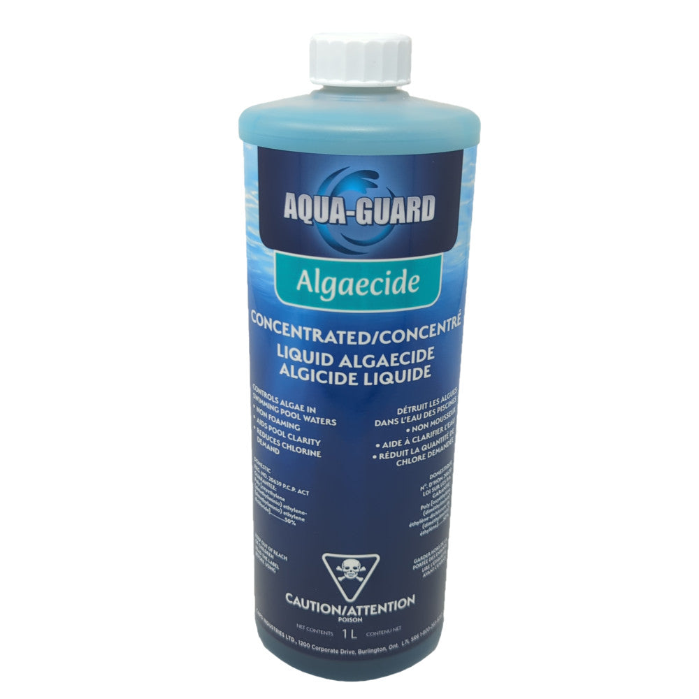 Aqua-Guard 50% concentrated algaecide in a 1L bottle for swimming pool algae control and water clarity.