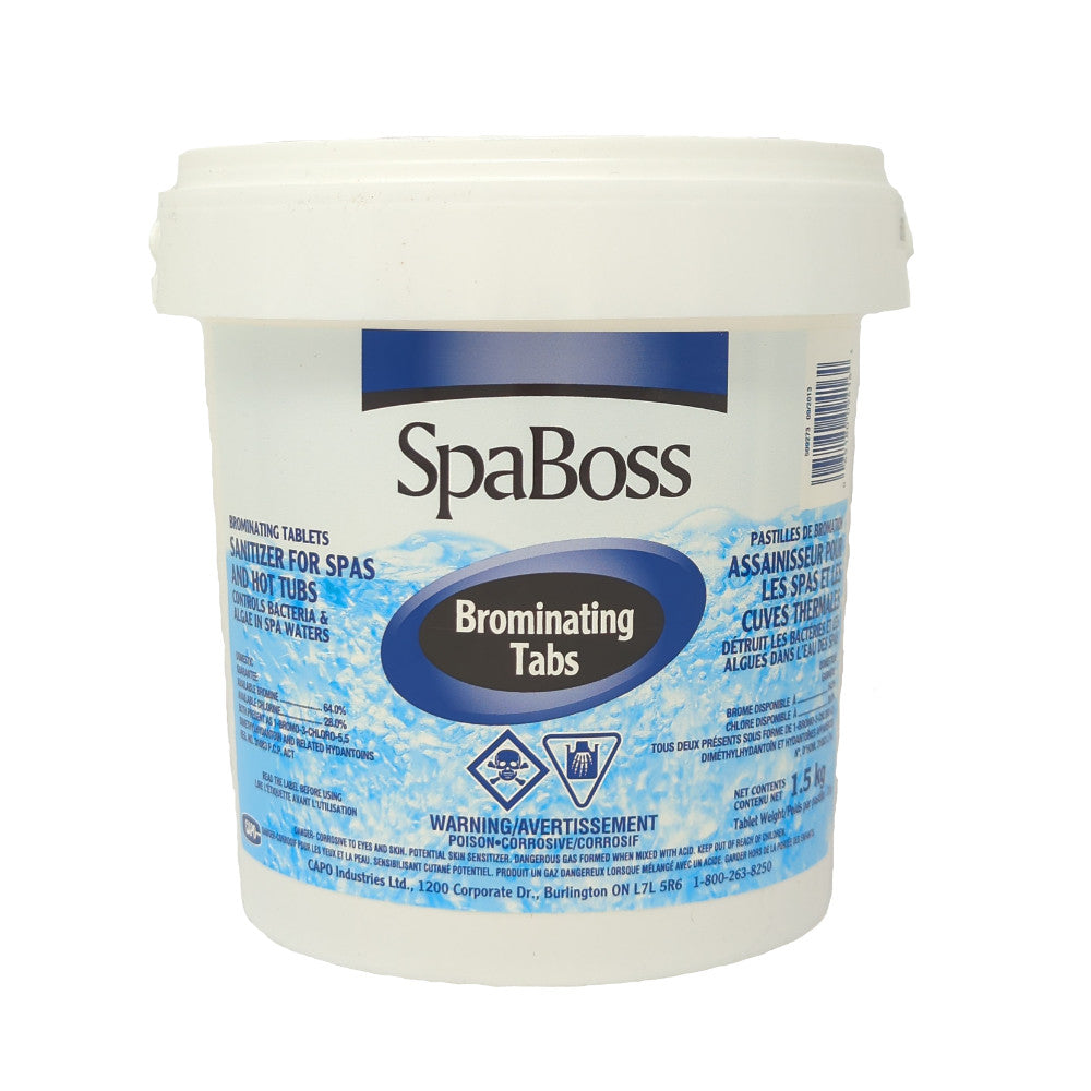 SpaBoss Brominating Tabs container for spa and hot tub sanitization, controls bacteria and enhances water clarity.