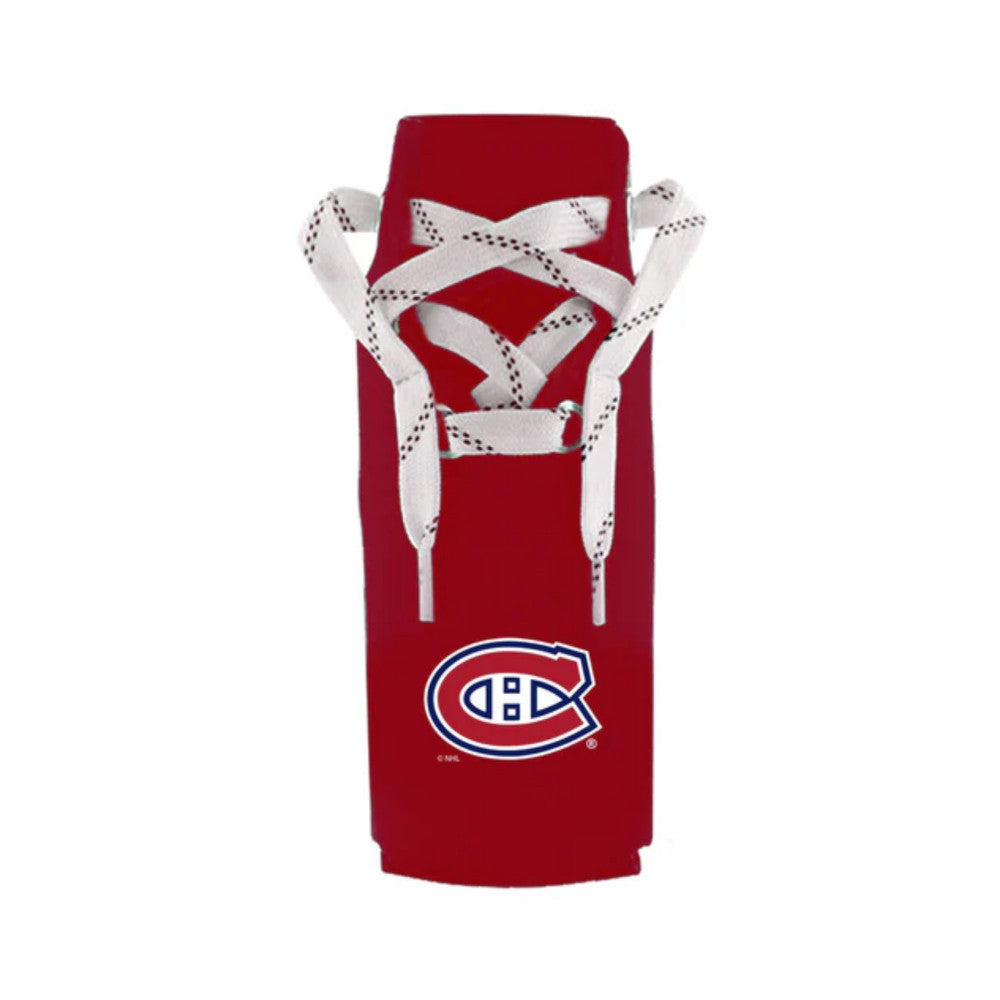 NHL Montreal Canadiens bottle koozie in red with laces, perfect for keeping drinks cool while showing team spirit.