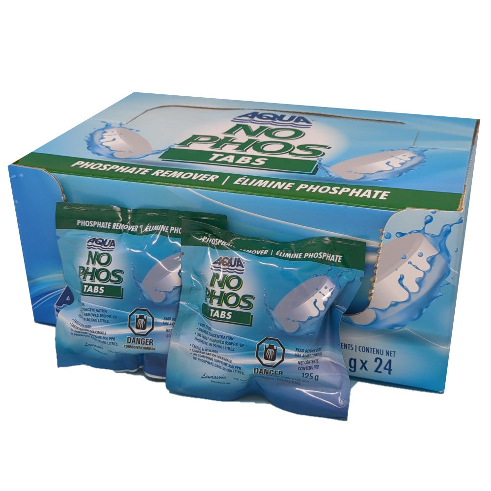 AQUA No-Phos Tabs package, phosphate remover for pool water, includes 24 tabs designed to eliminate phosphates and prevent algae growth.