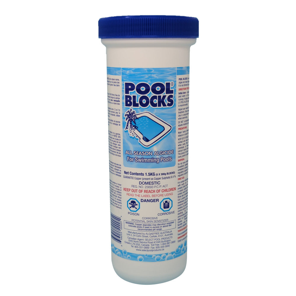 Pool Blocks copper algaecide for swimming pools in a container with blue lid, effective against green and black algae.