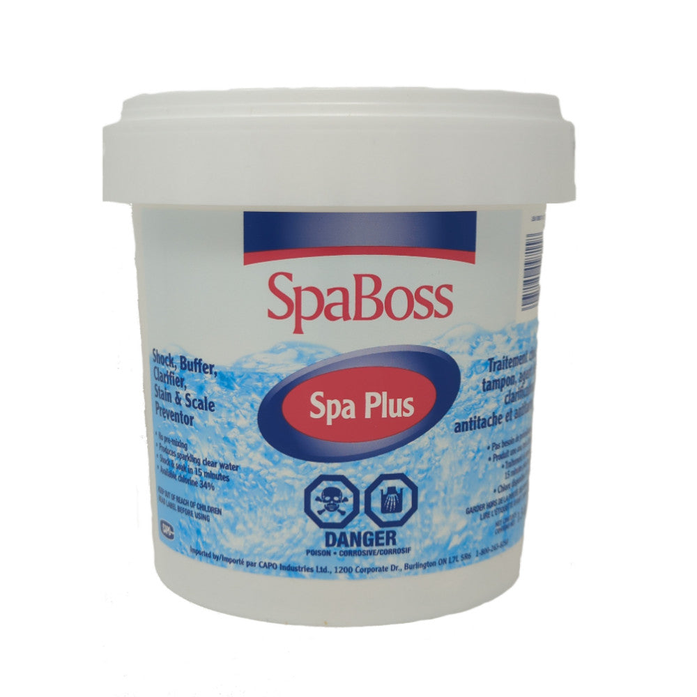 SpaBoss Spa Plus container for shock treatment, buffer, and water clarifier for clear spa water.