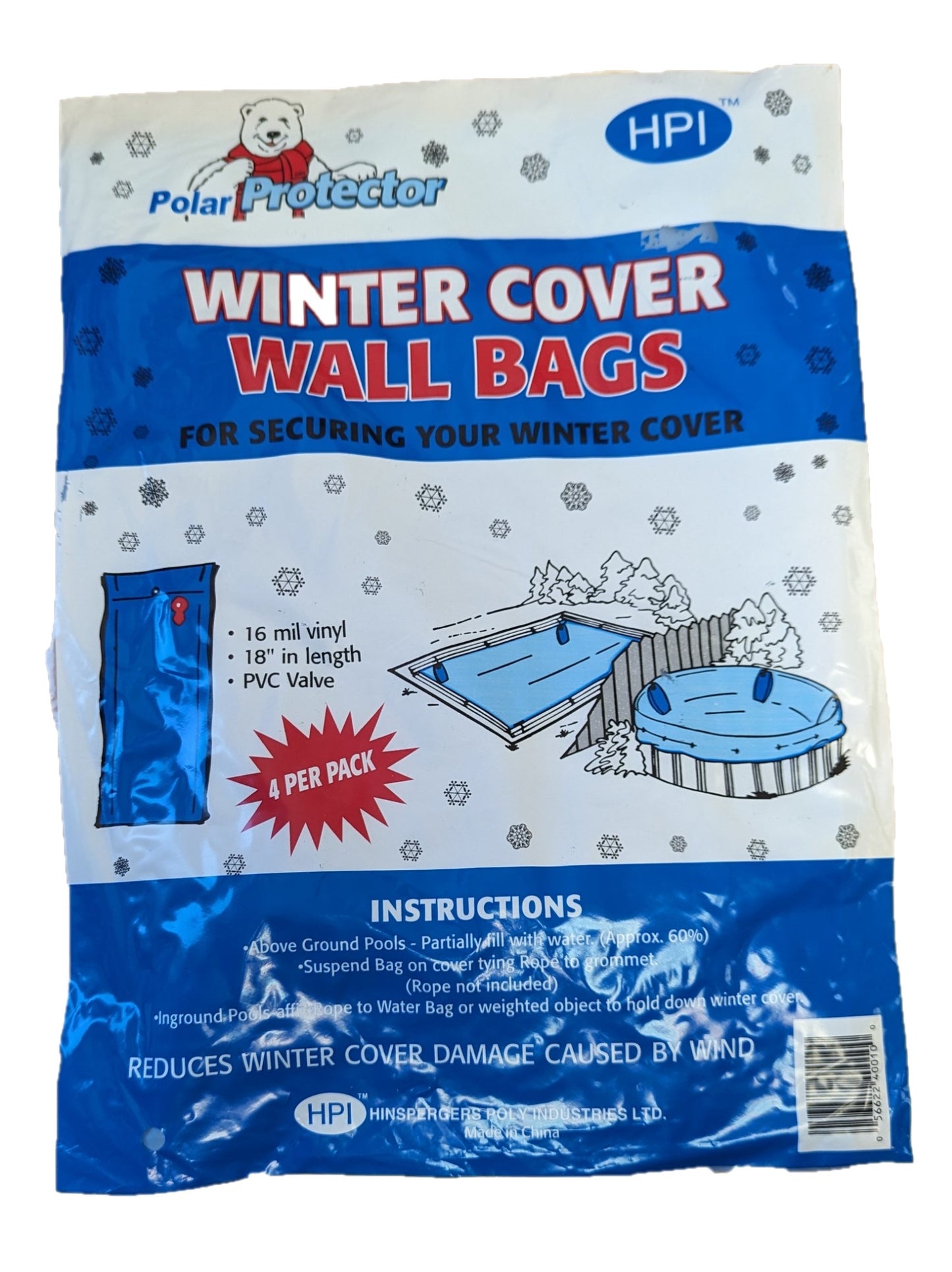 Sacs muraux pour couverture de piscine d'hiver 11" x 18" de long 16 mil (Ensemble de 4)