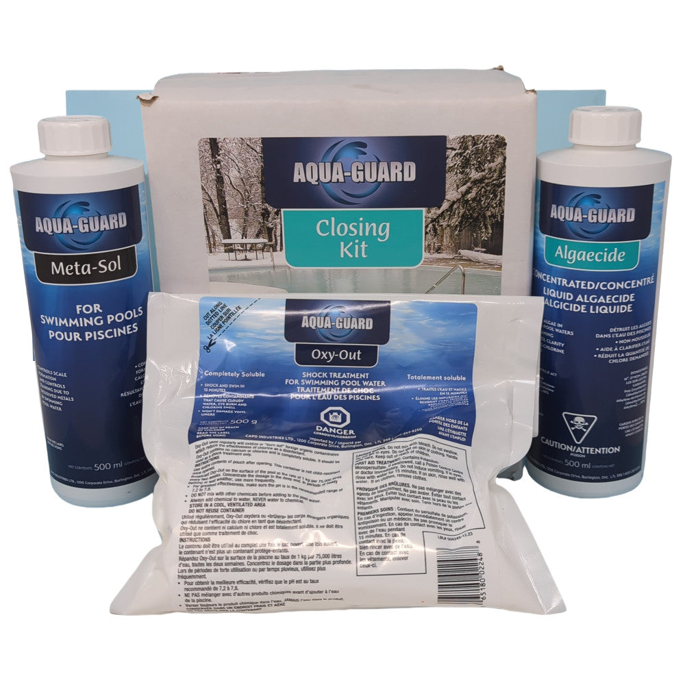 Aqua-Guard Closing Kit with Meta-Sol, Oxy-Out Shock Treatment, and Algaecide for effective winter pool maintenance.