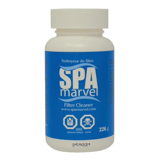 Spa Marvel Filter Cleaner bottle designed for deep-cleaning spa cartridge filters, 226 g, bleach-free formula.