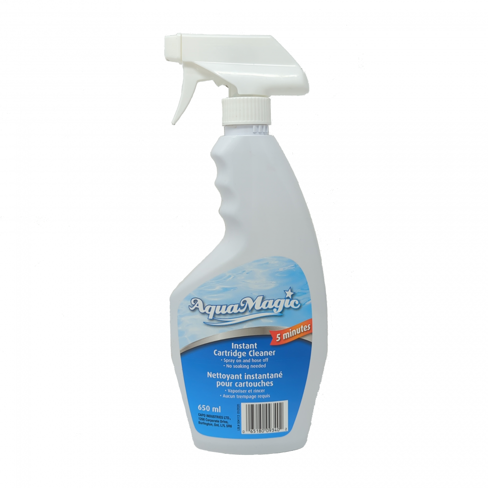 Aqua Magic Instant Cartridge Cleaner spray bottle for quick and effective spa cartridge cleaning in minutes.