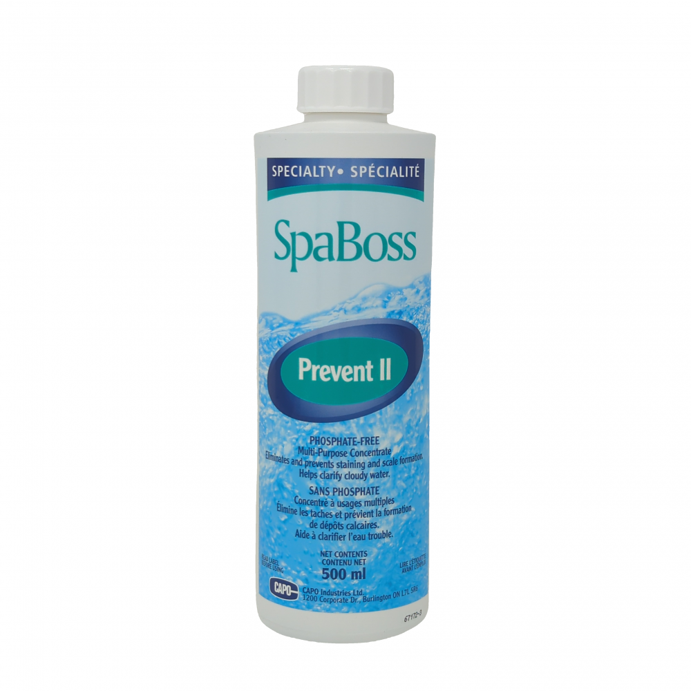 SpaBoss Prevent II multi-purpose concentrate for spa water maintenance and stain prevention.