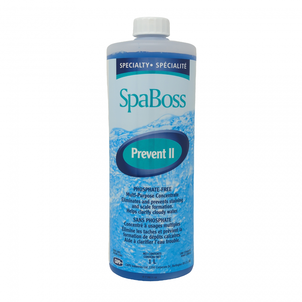 SpaBoss Prevent II multi-purpose concentrate for spa water treatment, eliminates stains, prevents scale, clarifies cloudy water.