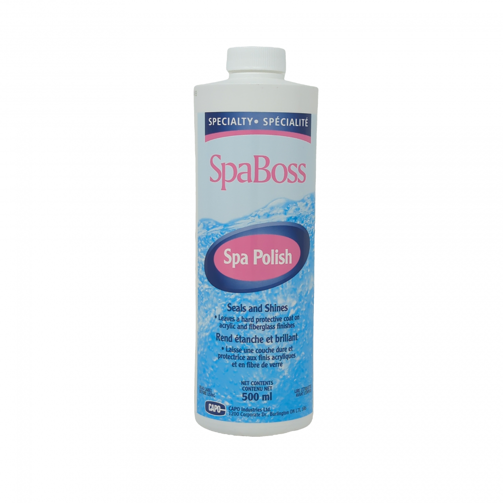 SpaBoss Spa Polish 500ml bottle for cleaning and polishing spa surfaces, providing durable protection against chemicals.