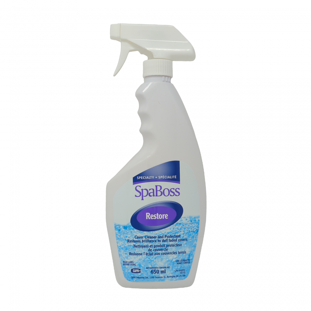 SpaBoss Restore spray bottle, 650ml, for cleaning and protecting spa vinyl covers from UV rays and grime.