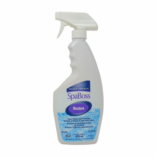 SpaBoss Restore spray bottle, 650ml, for cleaning and protecting spa vinyl covers from UV rays and grime.