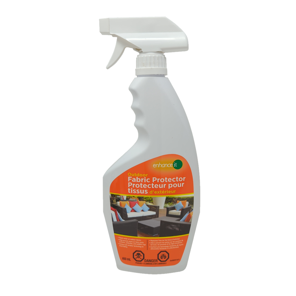 EnhanceIt Outdoor Fabric Protector spray bottle for furniture and hot tub covers, ideal for UV protection and waterproofing.