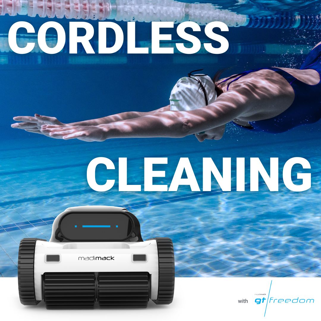 Madimack GT Freedom i80 cordless robotic pool cleaner in water with swimmer, highlighting efficient cleaning capabilities.