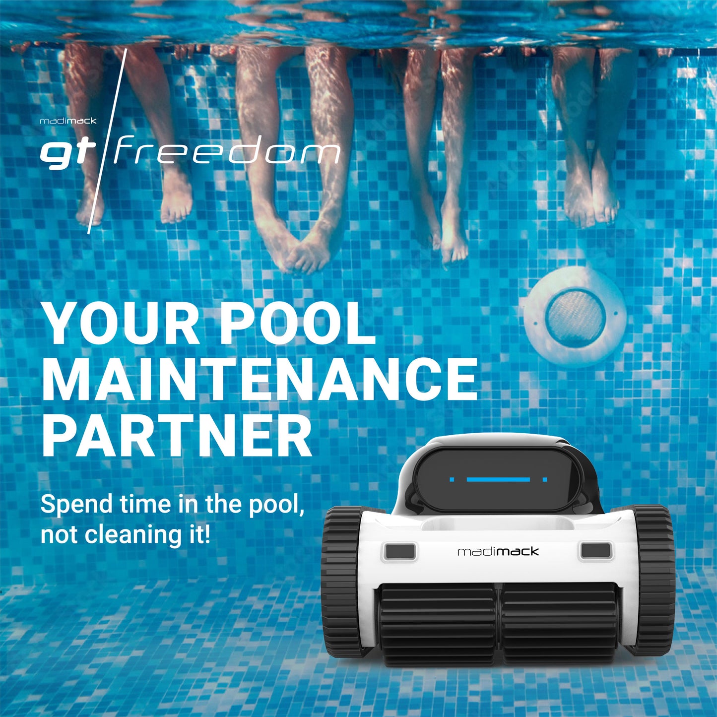 Madimack GT Freedom i80 robotic pool cleaner in a blue tiled pool with people swimming above.