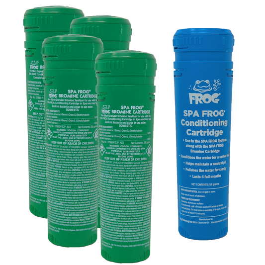 Spa Frog Bromine and Conditioning Cartridges for hot tubs, essential for spa care and bacteria control.