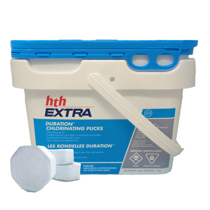 HTH Duration Chlorinating Pucks 10 kg bucket with chlorine tablets, ideal for sanitizing swimming pools.