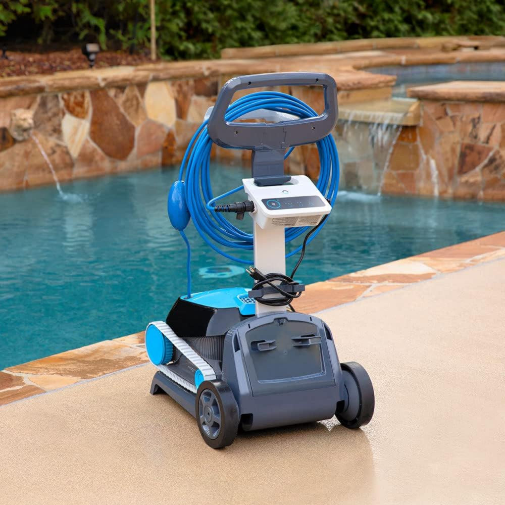 Maytronics Dolphin Universal Caddy with power supply, designed for safe transport and storage of robotic pool cleaners.