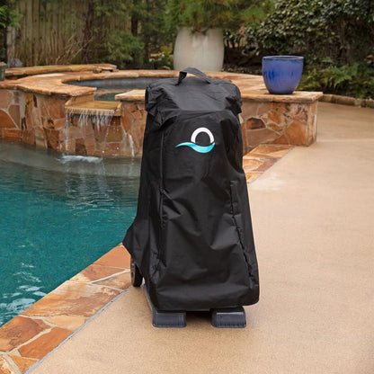 Maytronics Dolphin Premium Caddy Cover securely storing robotic cleaner by the poolside, offering protection and style.